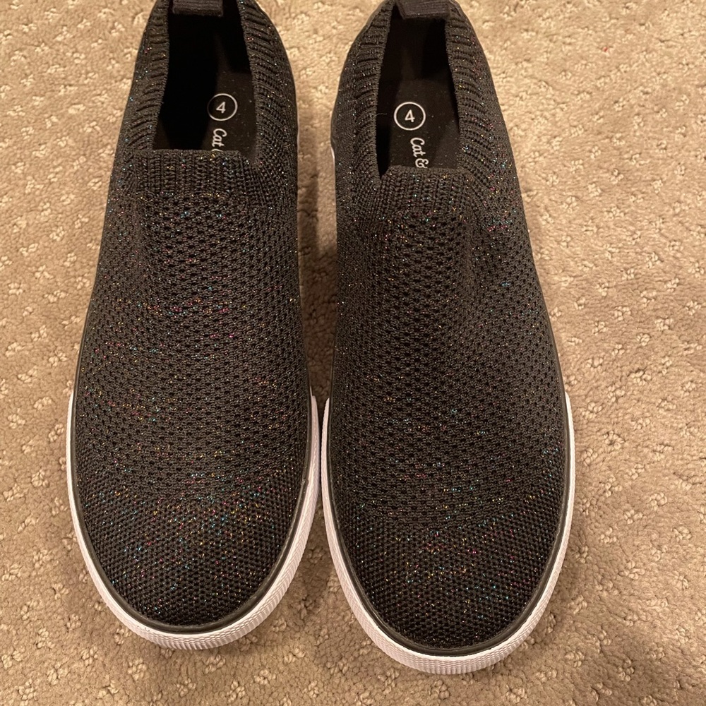 Cat & Jack Girls Nicky sparkling Black glitter slip-on sneakers Size:4